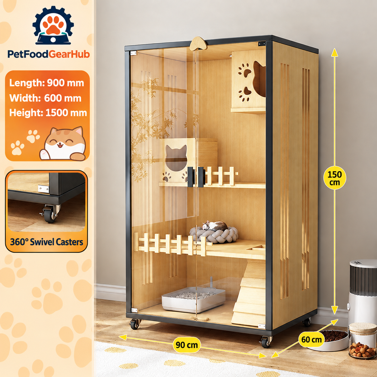 PetFoodGearHub Clear-Front Cat Enclosure A5,  Natural Wood - design and dimension details