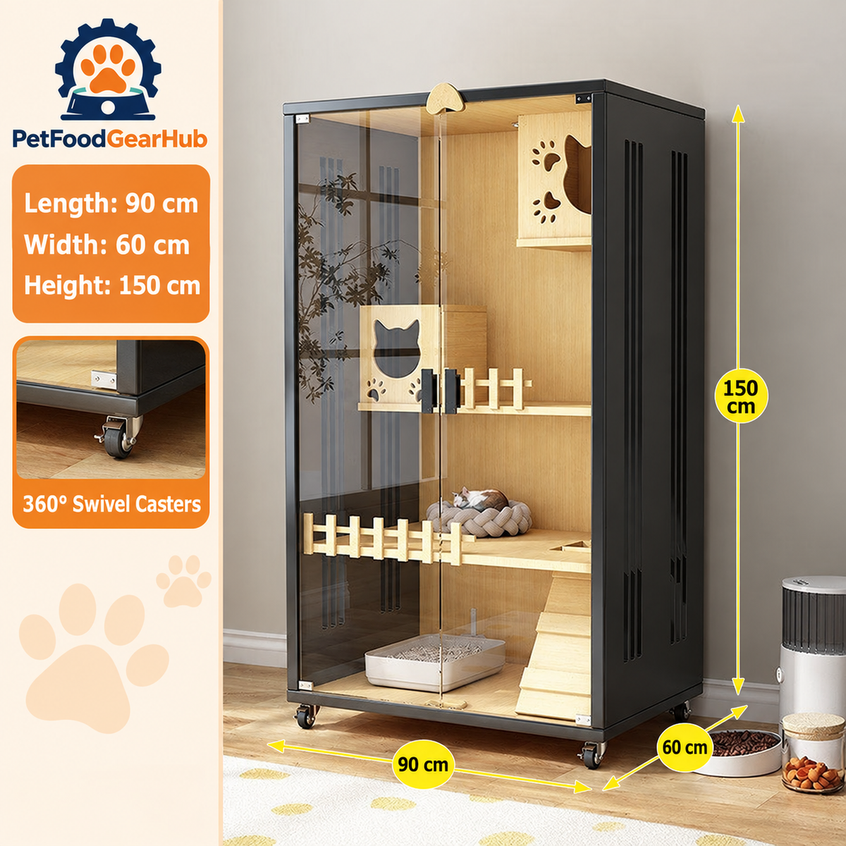 PetFoodGearHub Clear-Front Cat Enclosure A5,  Black - design and dimension details