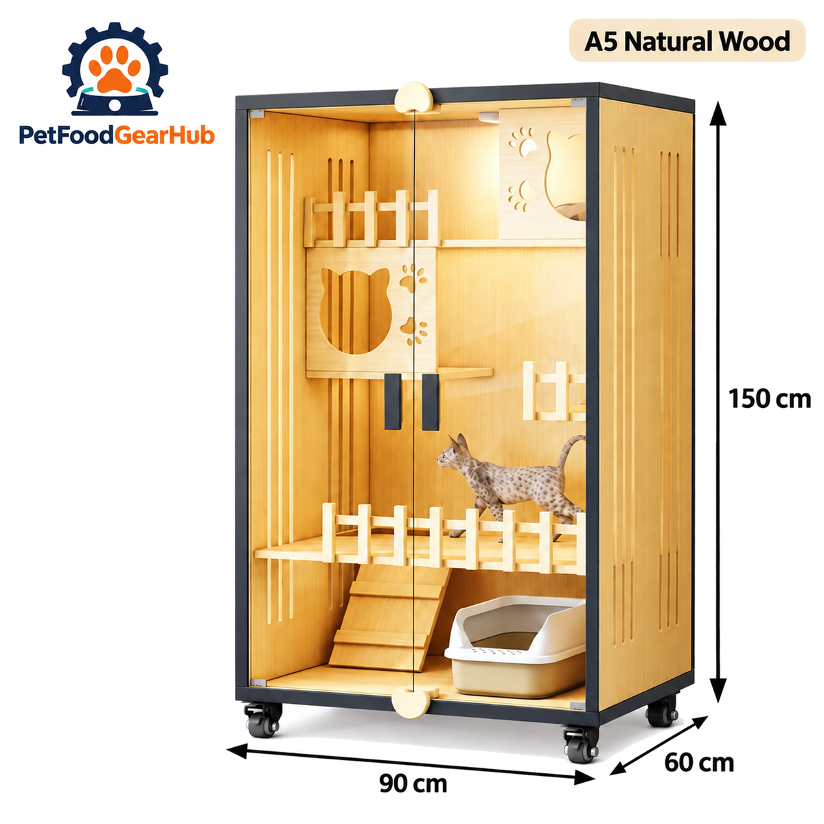 PetFoodGearHub Clear-Front Cat Enclosure A5,  Natural Wood - product view
