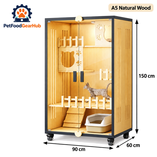 PetFoodGearHub Clear-Front Cat Enclosure A5,  Natural Wood - product view