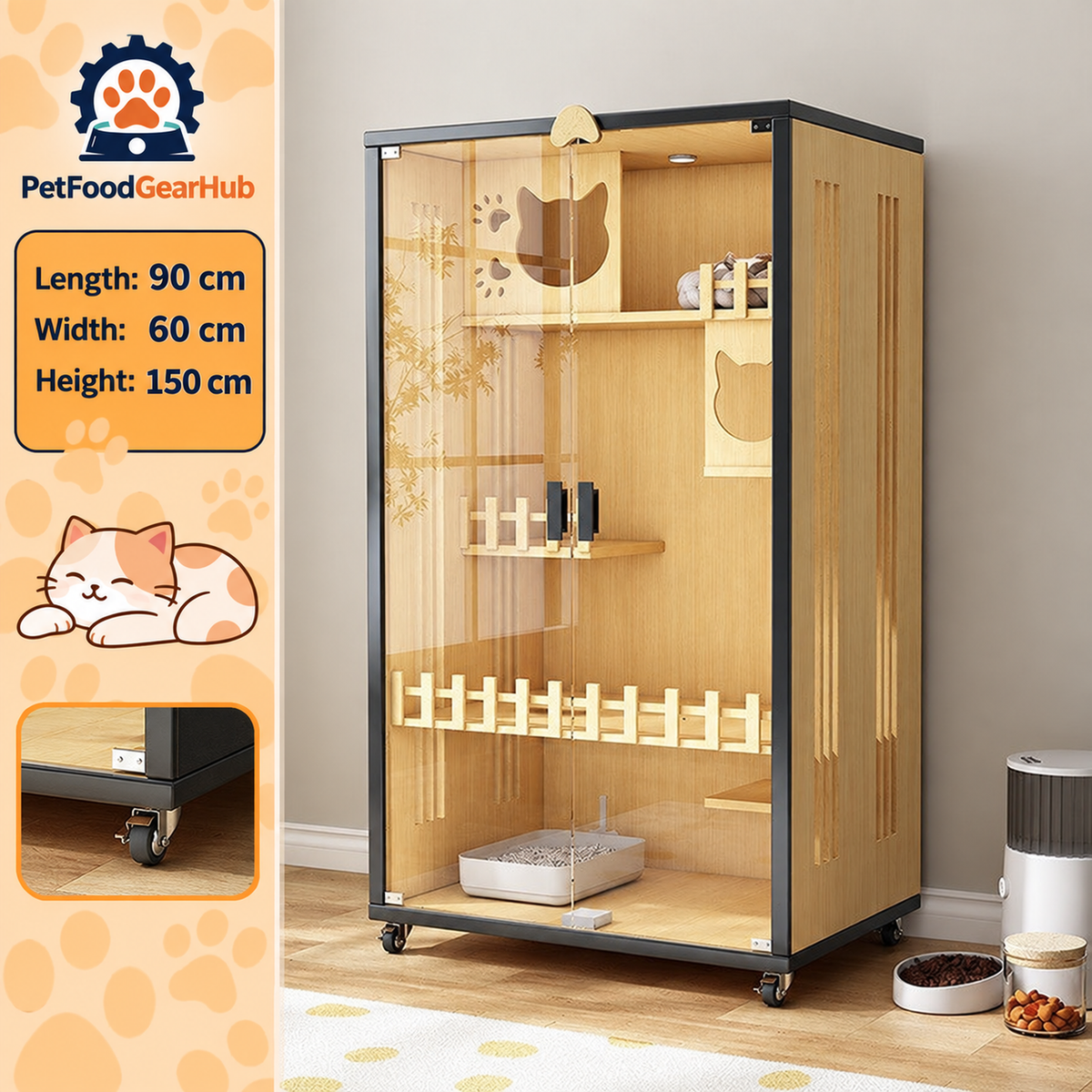 PetFoodGearHub Clear-Front Cat Enclosure A5,  Natural Wood - design and dimension details