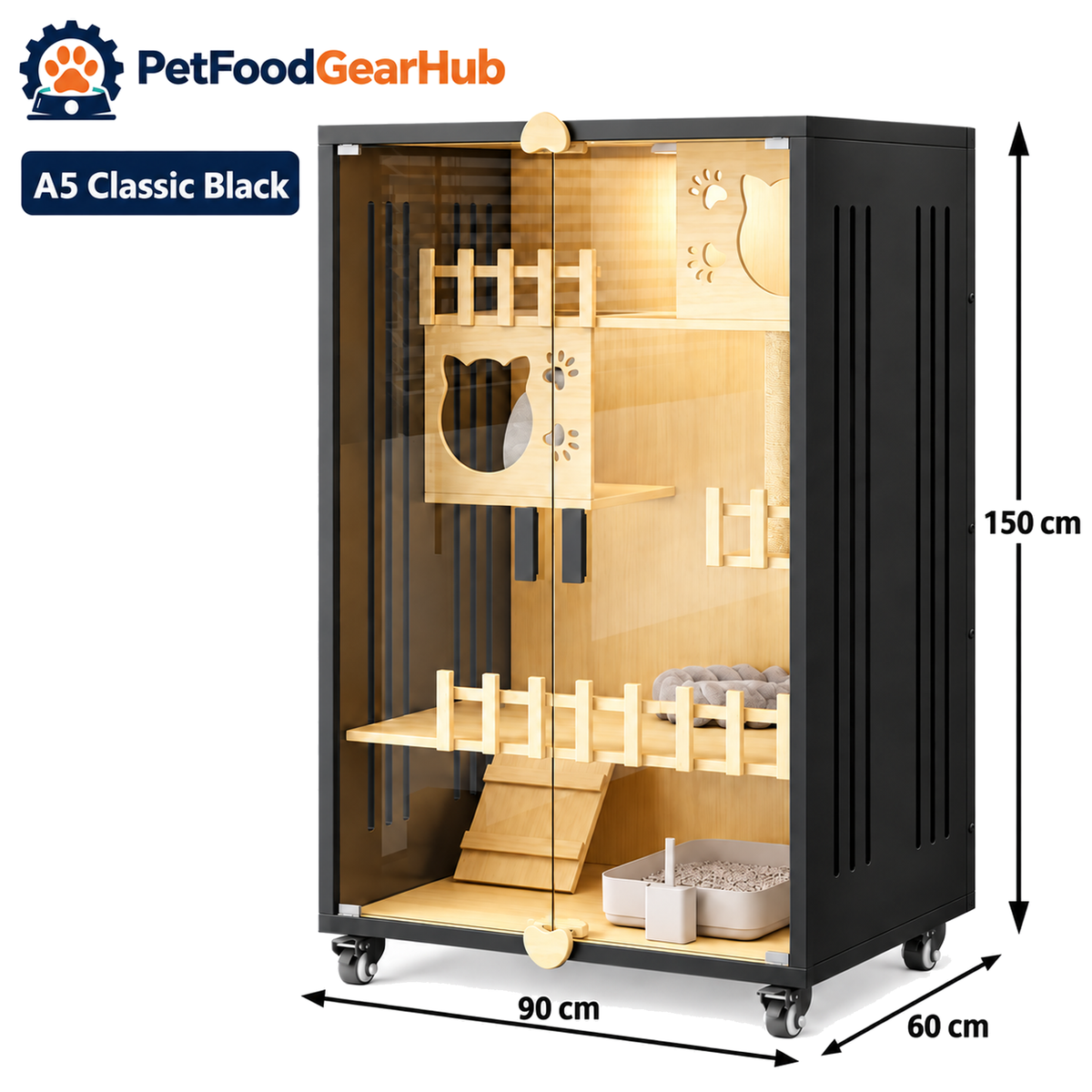 PetFoodGearHub Clear-Front Cat Enclosure A5,  Black - product view