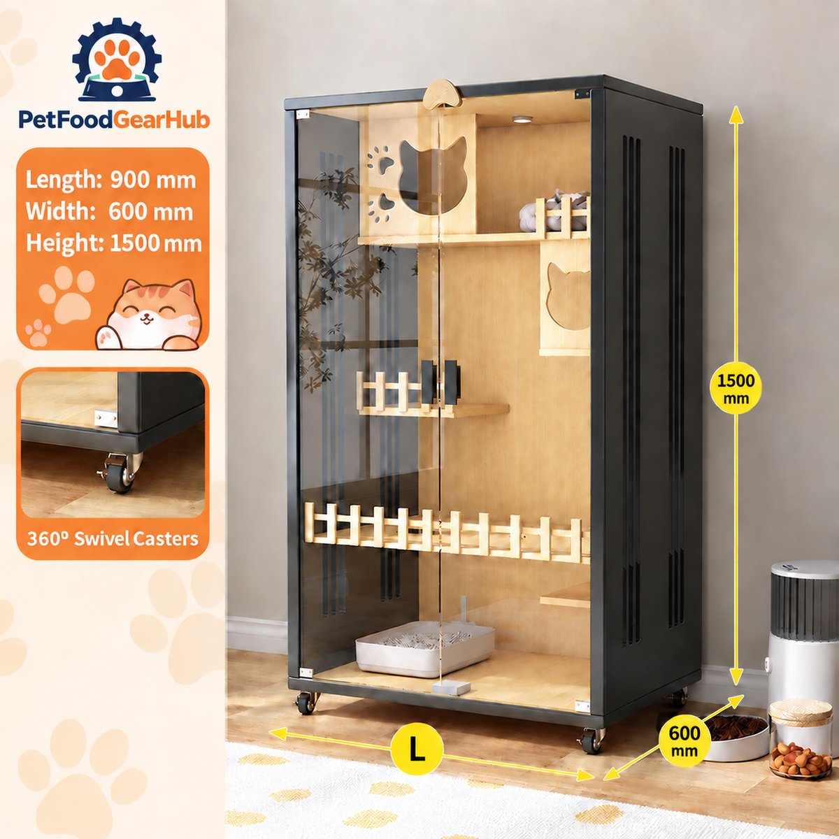 PetFoodGearHub Clear-Front Cat Enclosure A5,  Black - design and dimension details