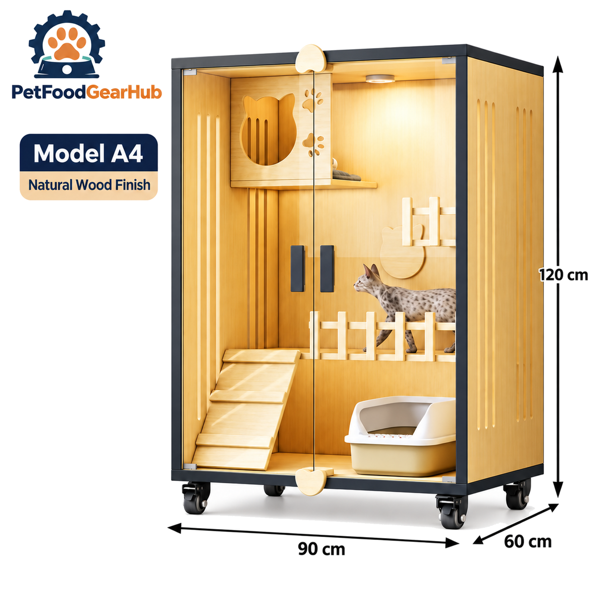 PetFoodGearHub Clear-Front Cat Enclosure A4,  Natural Wood - product view
