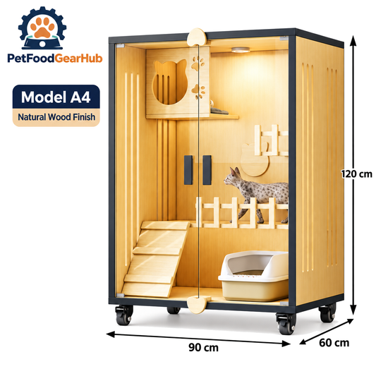 PetFoodGearHub Clear-Front Cat Enclosure A4,  Natural Wood - product view