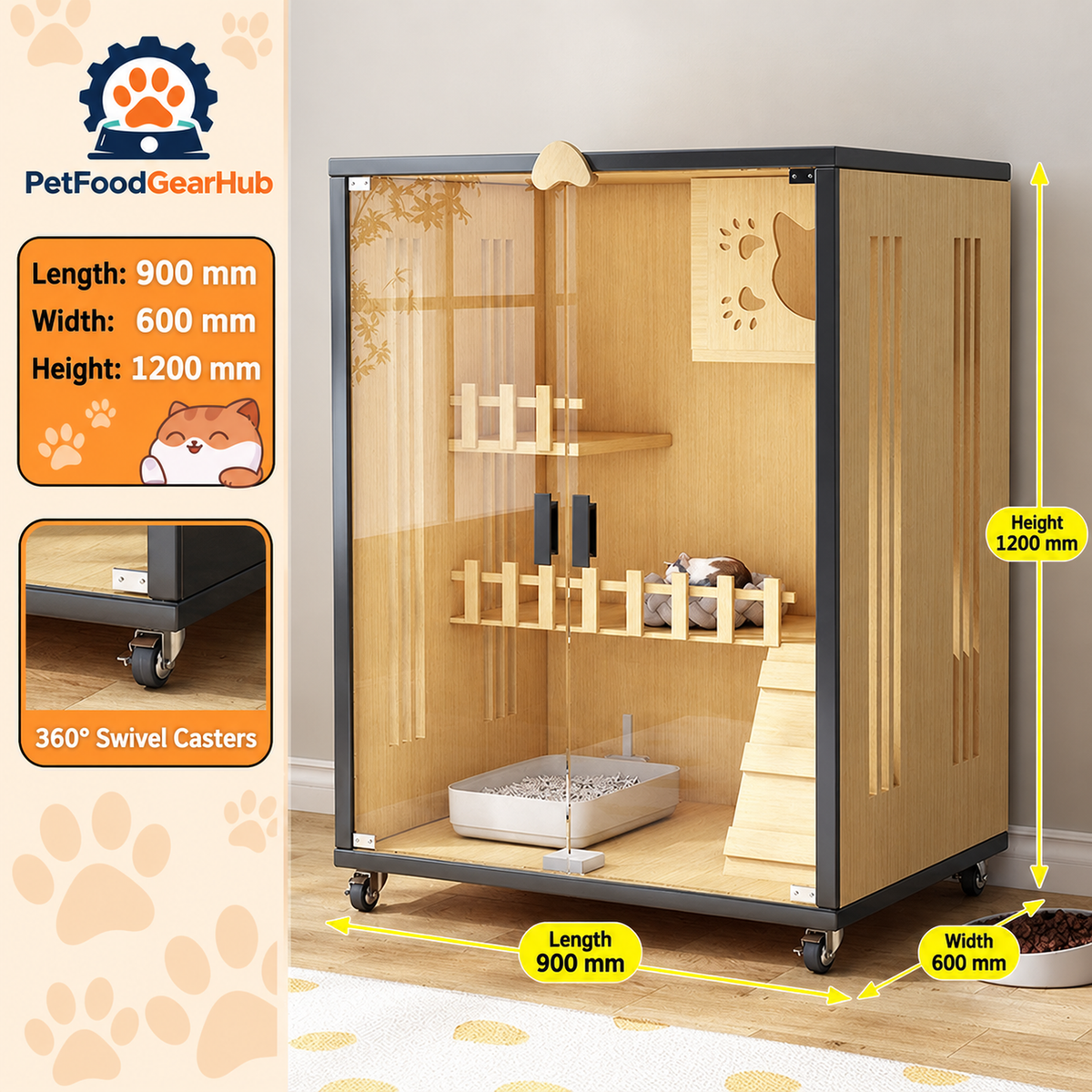 PetFoodGearHub Clear-Front Cat Enclosure A4,  Natural Wood - design and dimension details