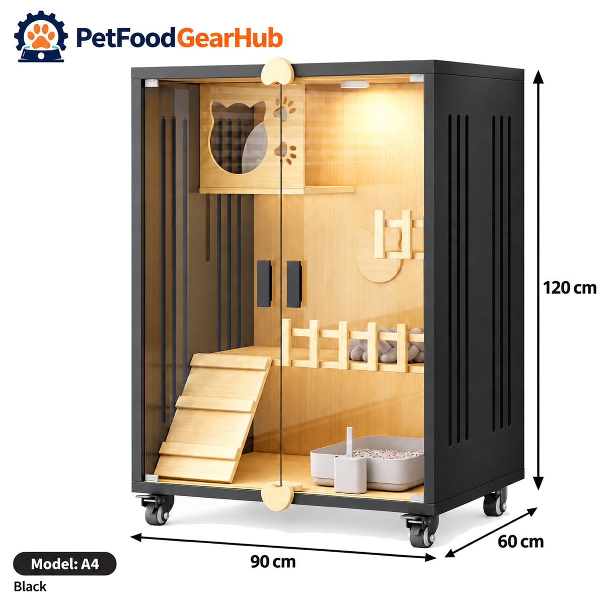 PetFoodGearHub Clear-Front Cat Enclosure A4,  Black - product view