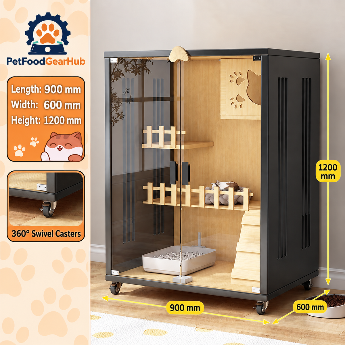 PetFoodGearHub Clear-Front Cat Enclosure A4,  Black - design and dimension details