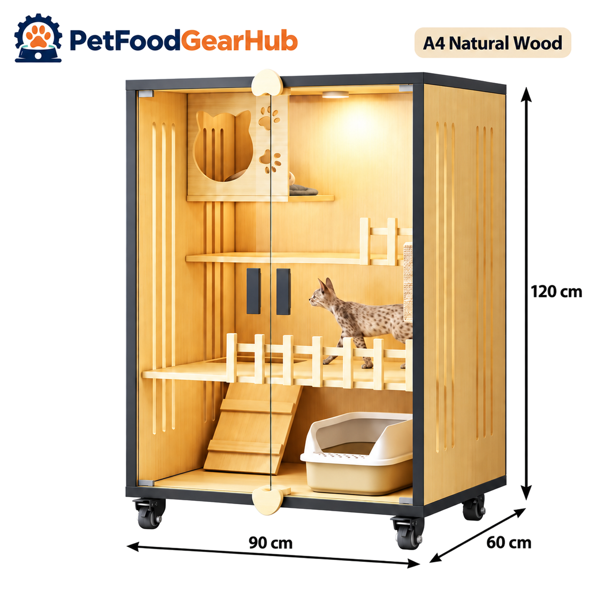 PetFoodGearHub Clear-Front Cat Enclosure A4,  Natural Wood - product view