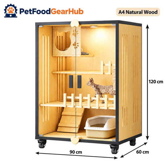 PetFoodGearHub Clear-Front Cat Enclosure A4,  Natural Wood - product view