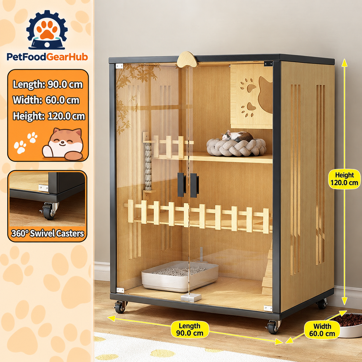 PetFoodGearHub Clear-Front Cat Enclosure A4,  Natural Wood - design and dimension details