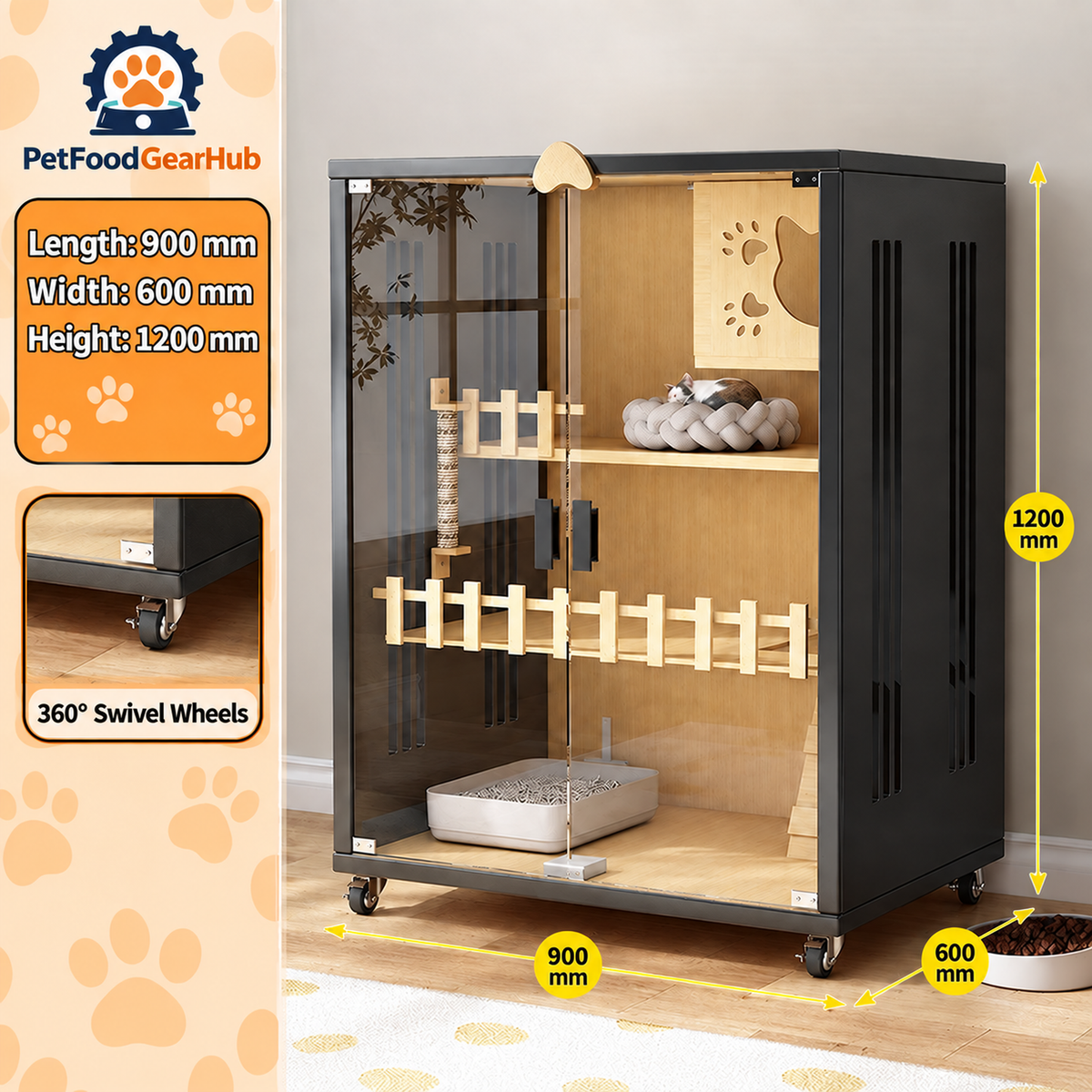 PetFoodGearHub Clear-Front Cat Enclosure A4,  Black - design and dimension details