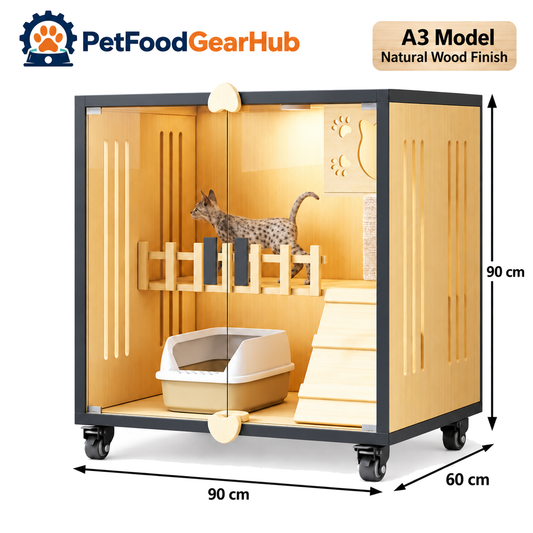 PetFoodGearHub Clear-Front Cat Enclosure A3,  Natural Wood - product view