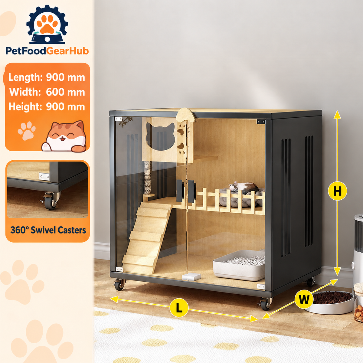 PetFoodGearHub Clear-Front Cat Enclosure A3,  Black - design and dimension details