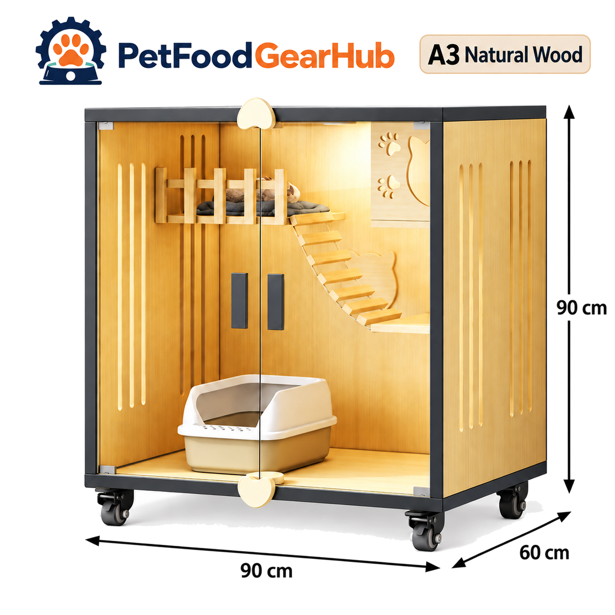 PetFoodGearHub Clear-Front Cat Enclosure A3,  Natural Wood - product view