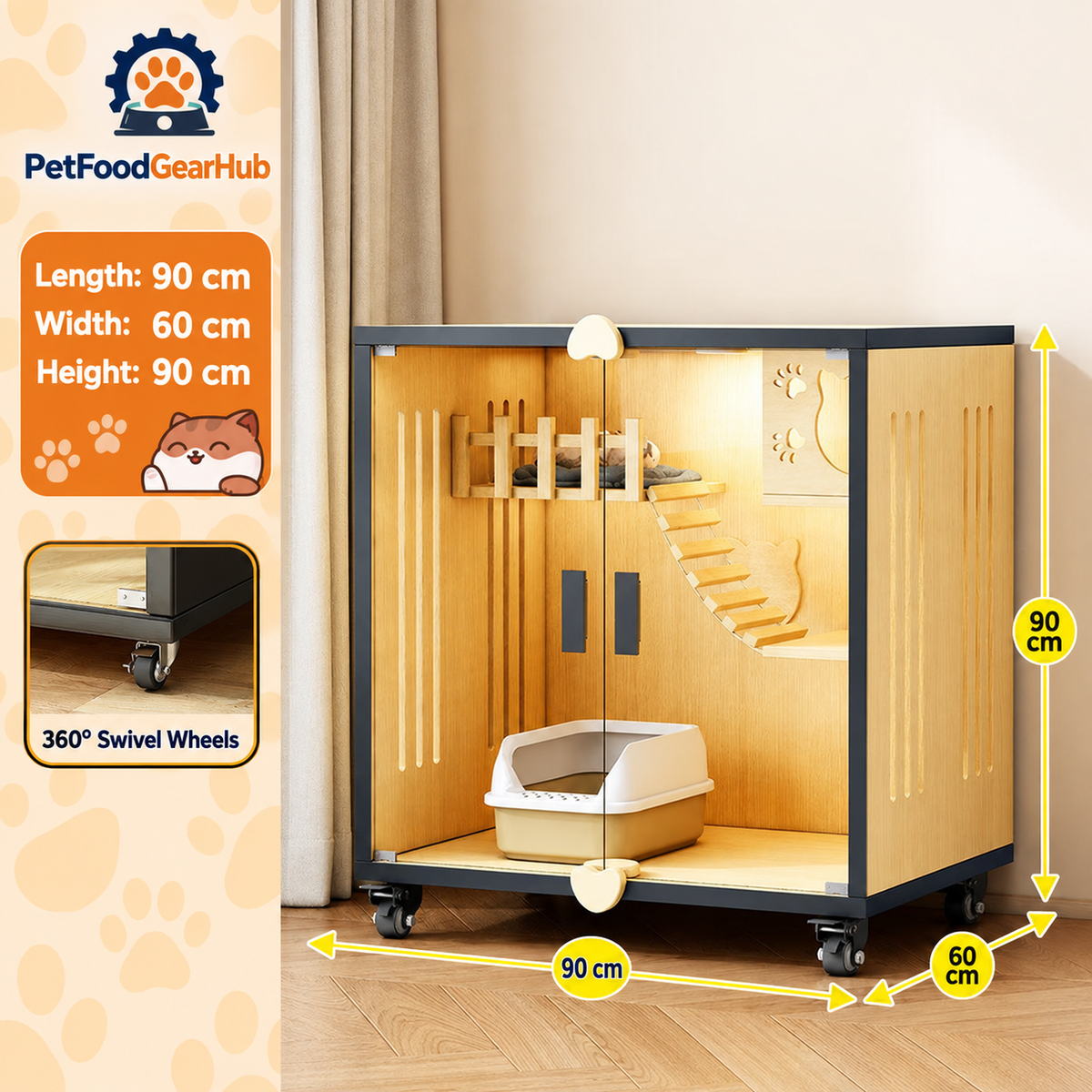 PetFoodGearHub Clear-Front Cat Enclosure A3,  Natural Wood - design and dimension details
