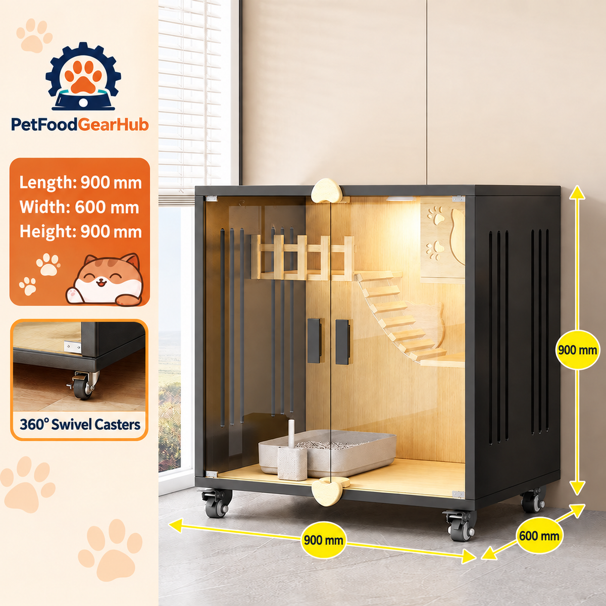 PetFoodGearHub Clear-Front Cat Enclosure A3,  Black - design and dimension details