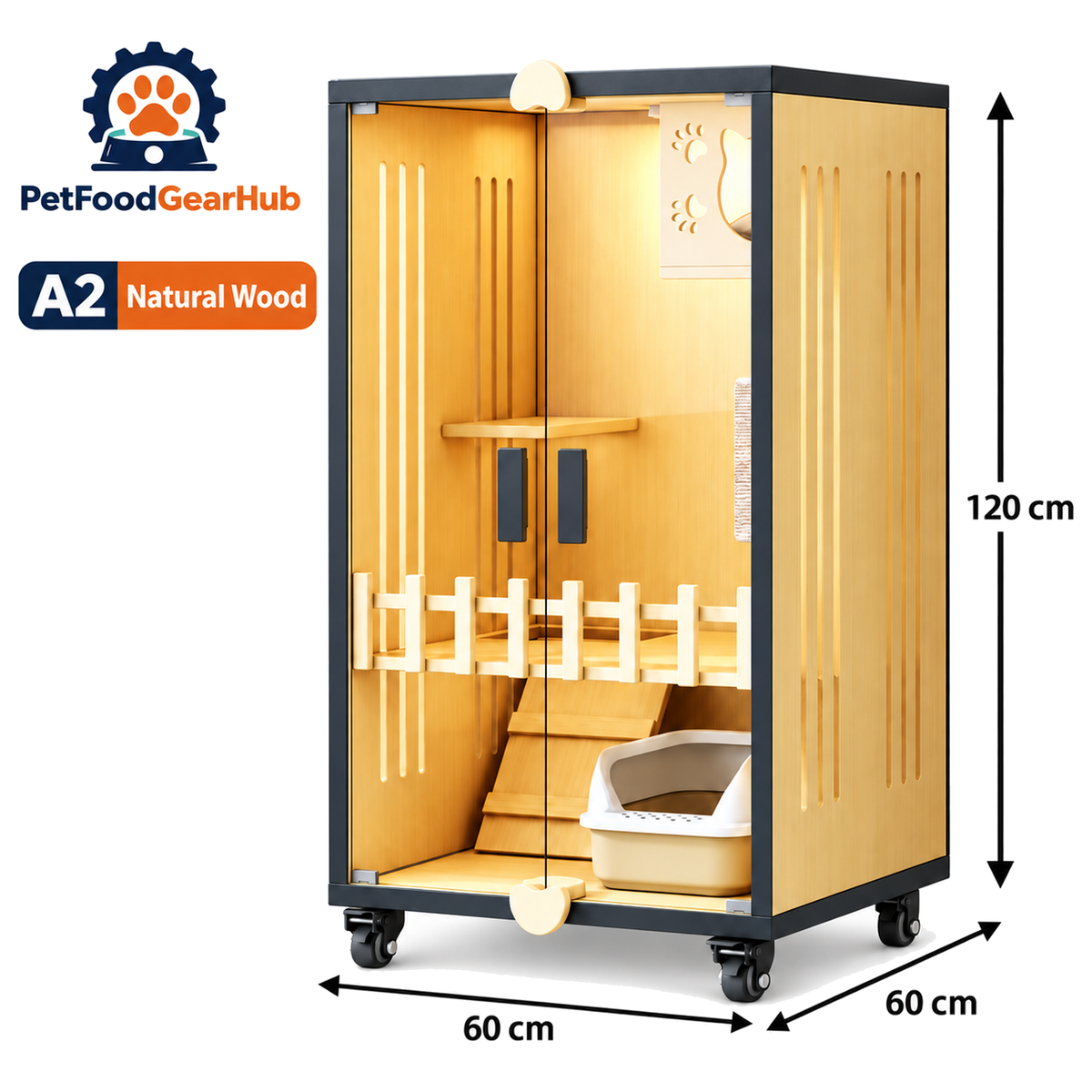 PetFoodGearHub Clear-Front Cat Enclosure A2,  Natural Wood - product view