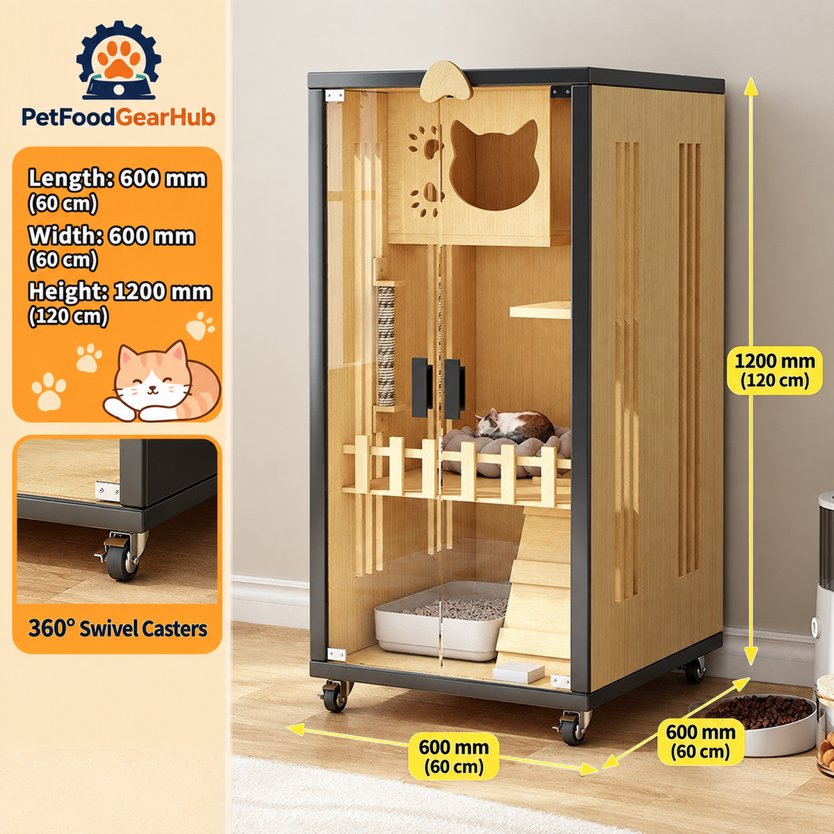 PetFoodGearHub Clear-Front Cat Enclosure A2,  Natural Wood - design and dimension details