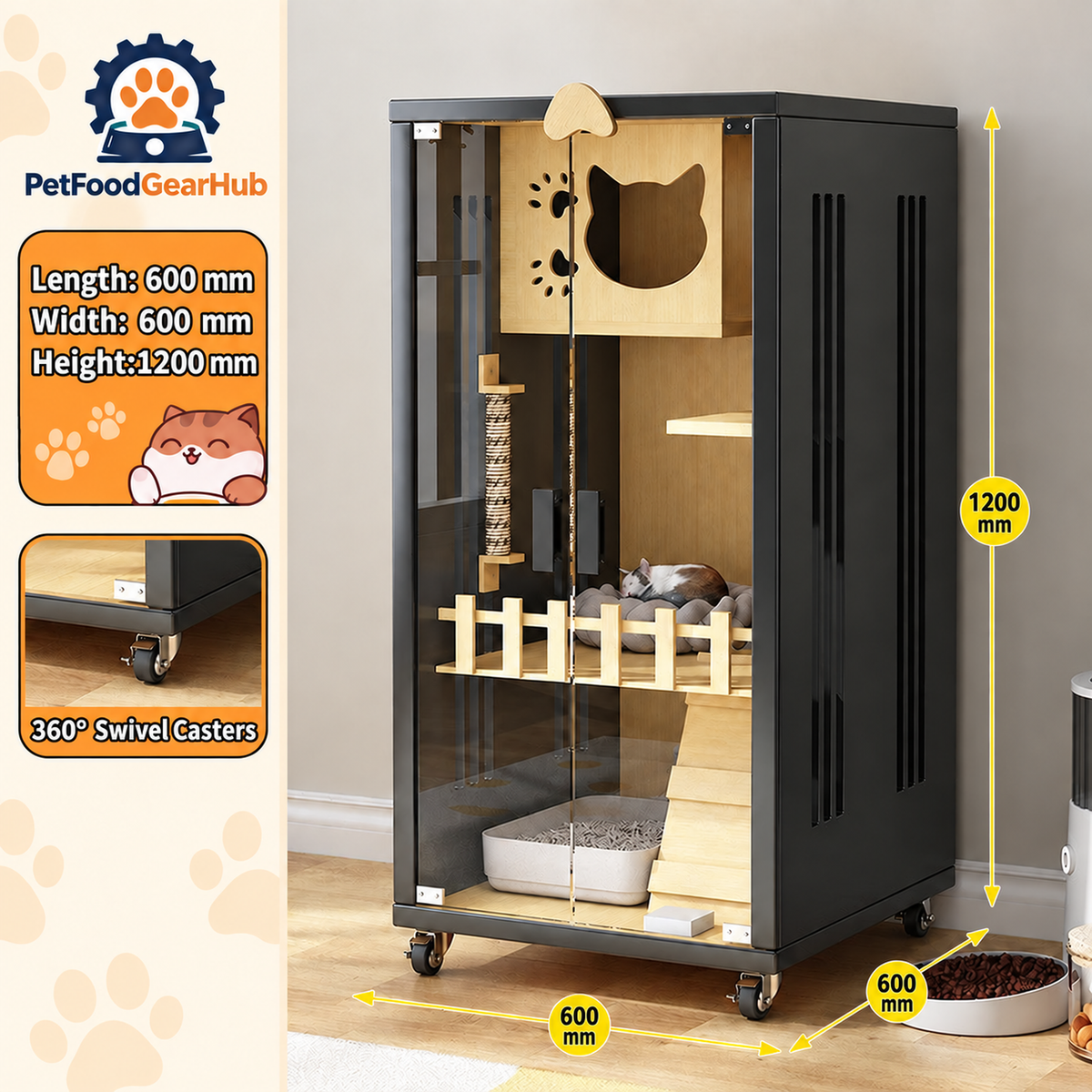 PetFoodGearHub Clear-Front Cat Enclosure A2,  Black - design and dimension details