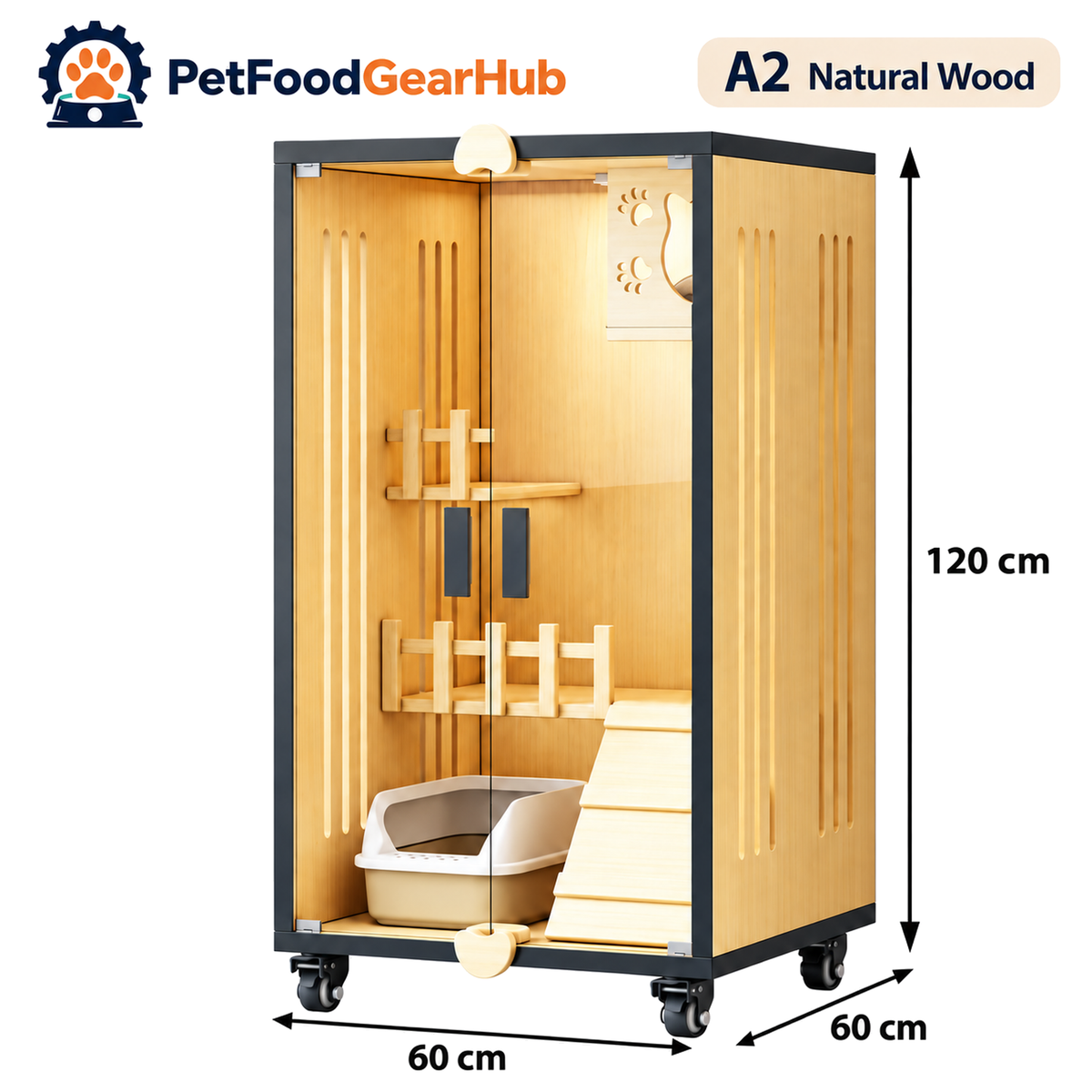 PetFoodGearHub Clear-Front Cat Enclosure A2,  Natural Wood - product view