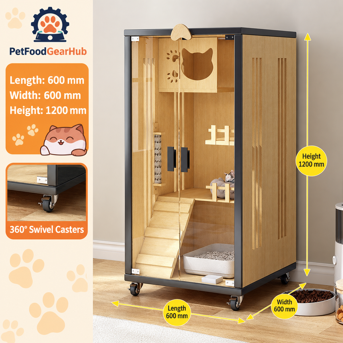 PetFoodGearHub Clear-Front Cat Enclosure A2,  Natural Wood - design and dimension details
