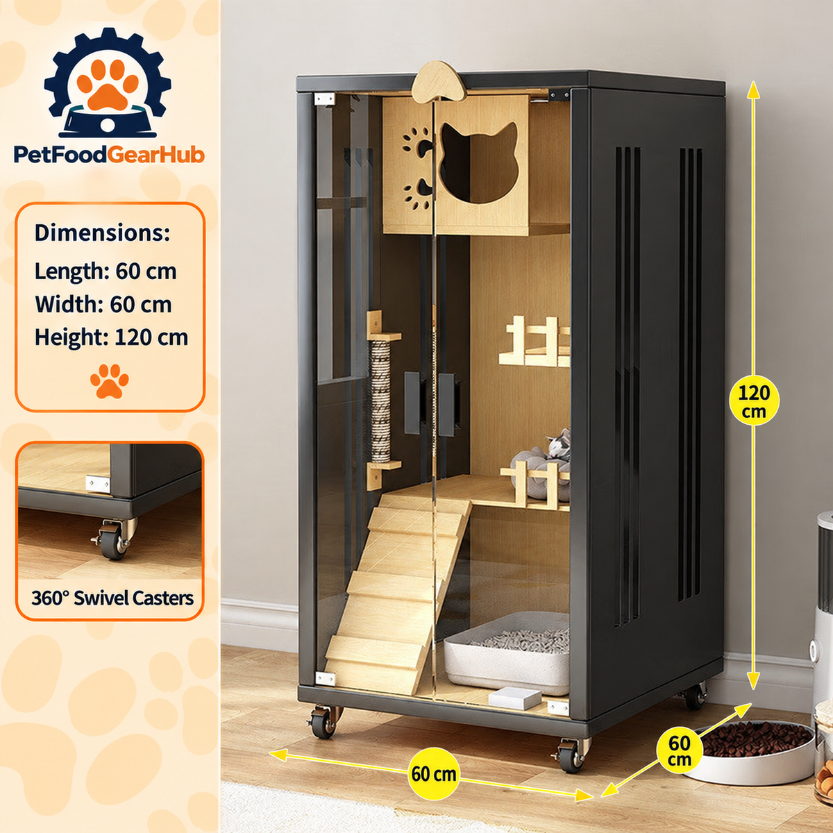 PetFoodGearHub Clear-Front Cat Enclosure A2,  Black - design and dimension details