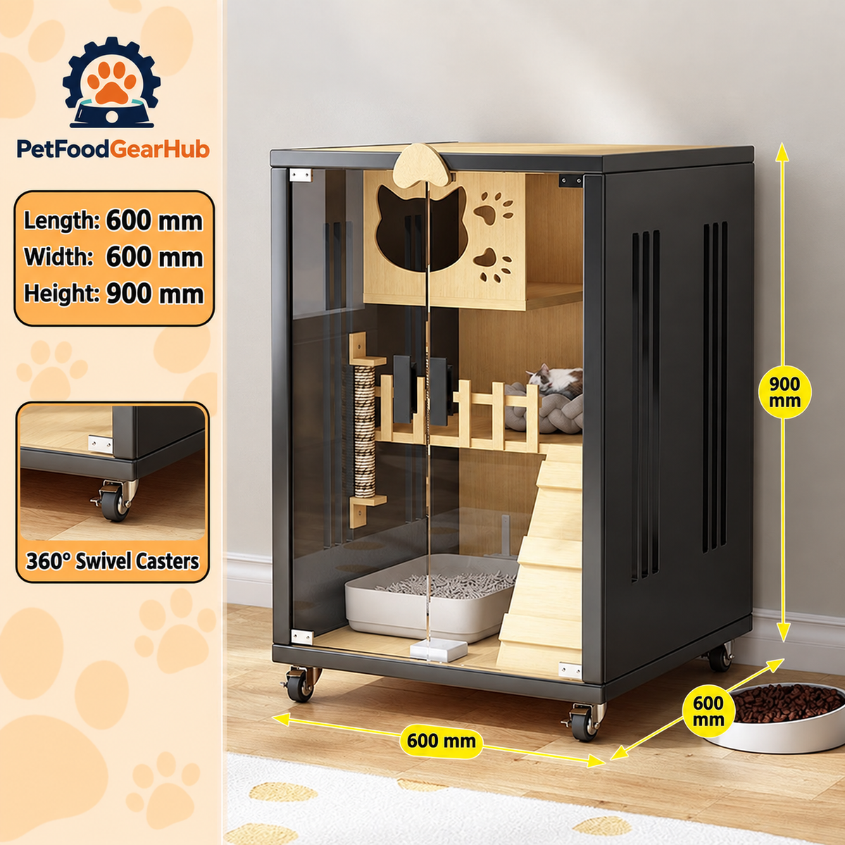 PetFoodGearHub Clear-Front Cat Enclosure A1,  Black - design and dimension details