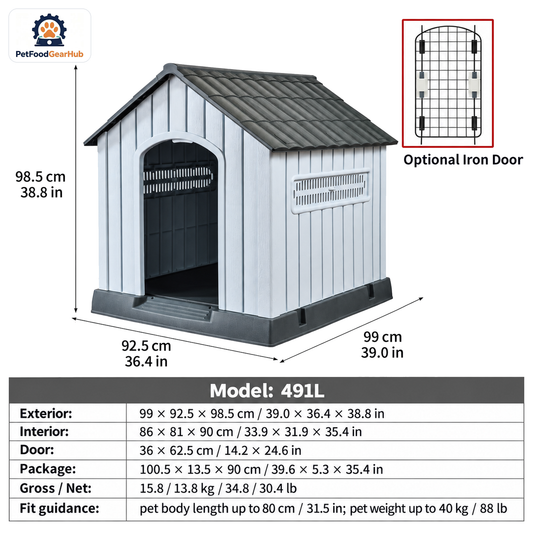 PetFoodGearHub Model 491L Outdoor Dog House, White with Dark Gray Roof, Large, Iron Door — product image 1