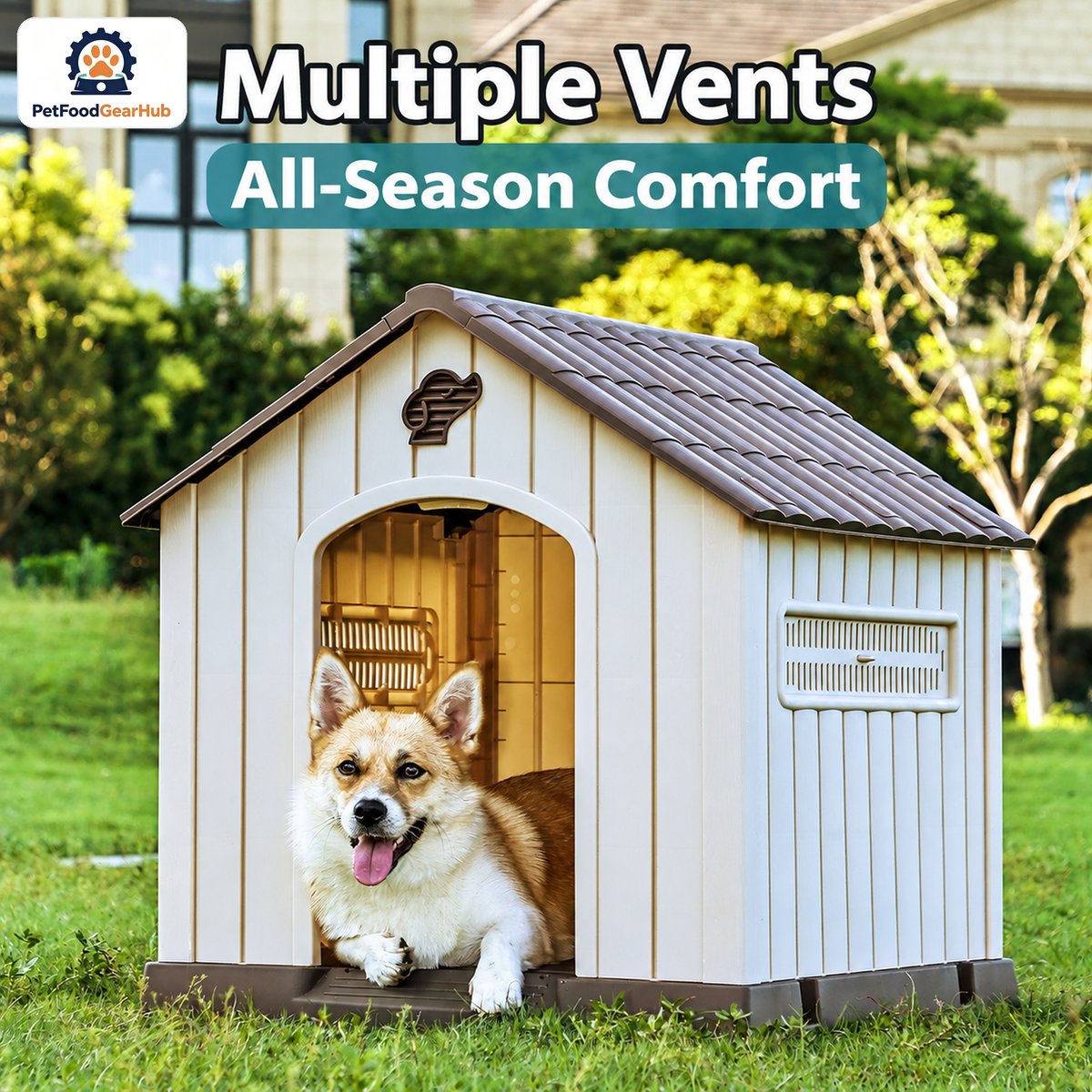 PetFoodGearHub Model 491S Outdoor Dog House, Gray with Dark Gray Roof, Small, Iron Door — product image 2
