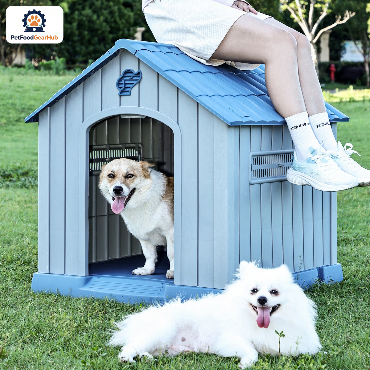 PetFoodGearHub Model 491L Outdoor Dog House, White with Dark Gray Roof, Large, Iron Door — product image 4