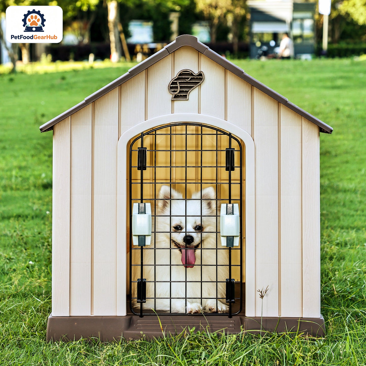 PetFoodGearHub Model 491L Outdoor Dog House, Beige with Brown Roof, Large, Iron Door — product image 5