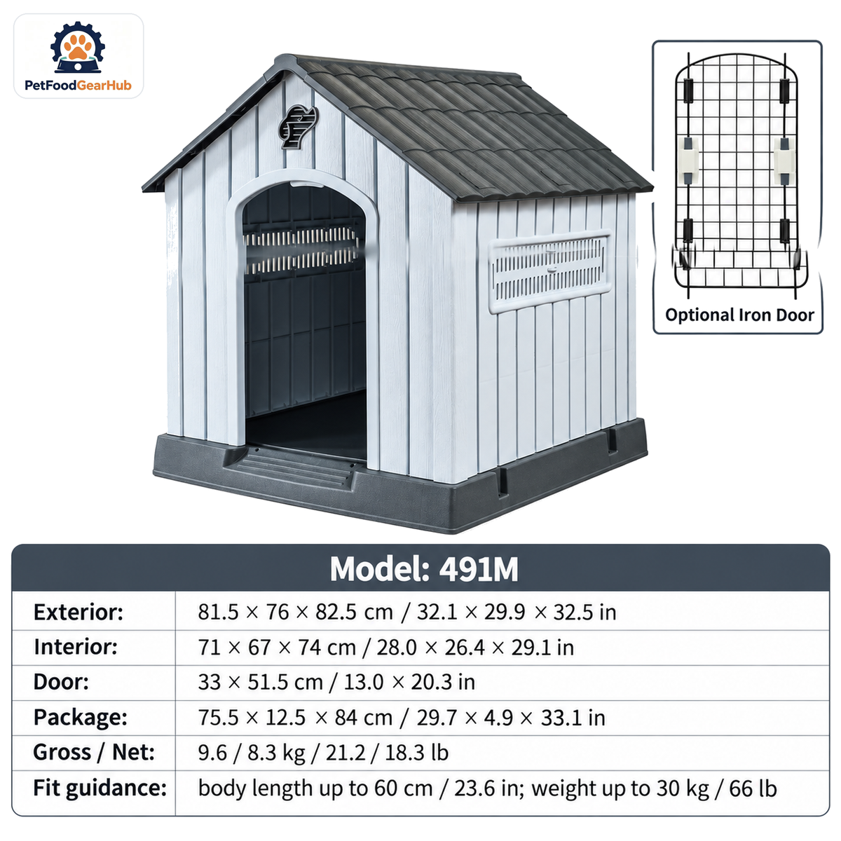 PetFoodGearHub Model 491M Outdoor Dog House, White with Dark Gray Roof, Medium, Iron Door — product image 1