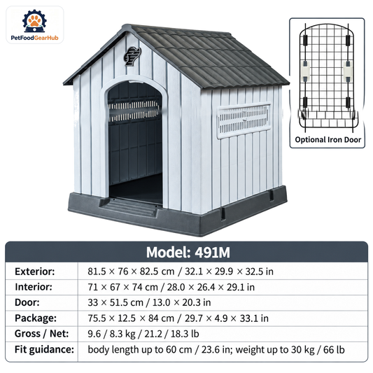 PetFoodGearHub Model 491M Outdoor Dog House, White with Dark Gray Roof, Medium, Iron Door — product image 1