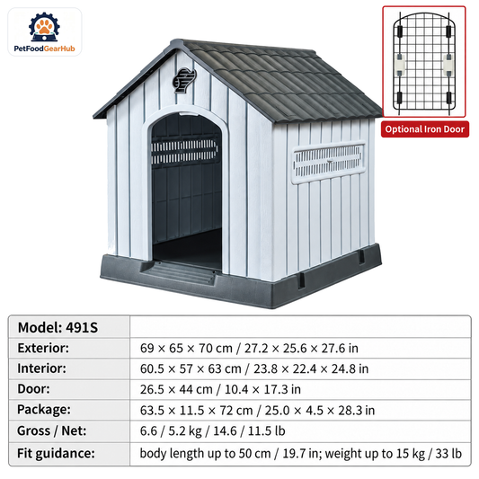 PetFoodGearHub Model 491S Outdoor Dog House, White with Dark Gray Roof, Small, Iron Door — product image 1