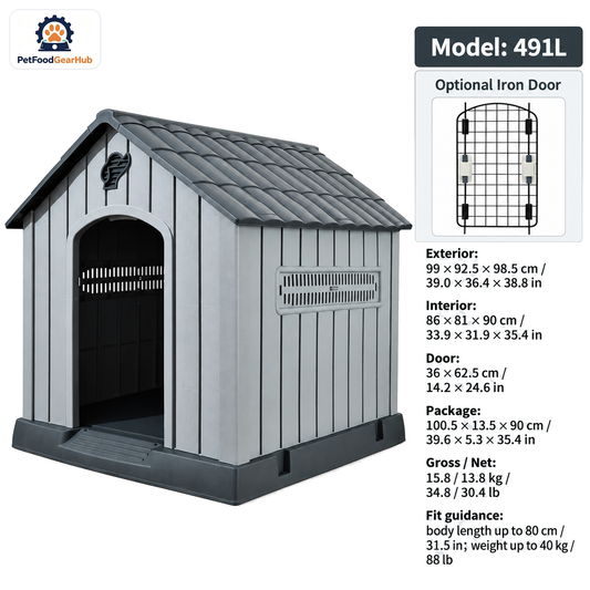 PetFoodGearHub Model 491L Outdoor Dog House, Gray with Dark Gray Roof, Large, Iron Door — product image 1