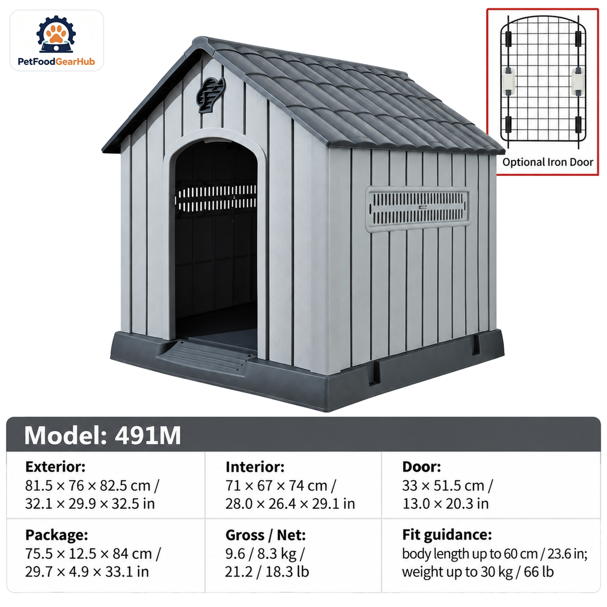 PetFoodGearHub Model 491M Outdoor Dog House, Gray with Dark Gray Roof, Medium, Iron Door — product image 1