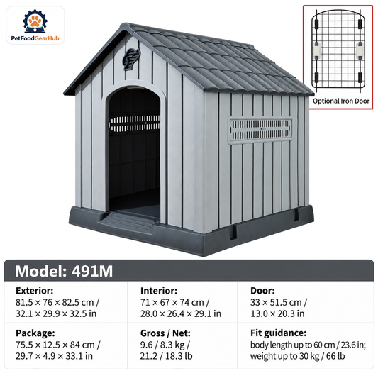PetFoodGearHub Model 491M Outdoor Dog House, Gray with Dark Gray Roof, Medium, Iron Door — product image 1