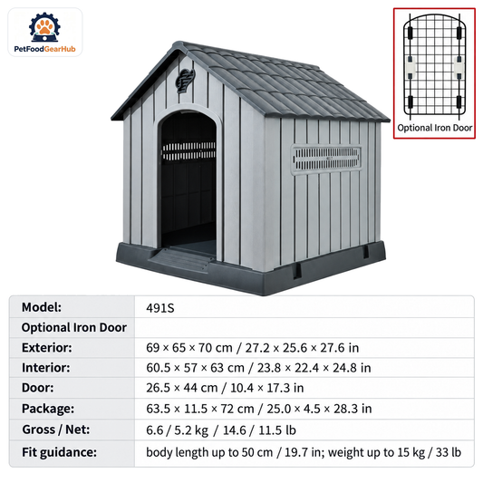PetFoodGearHub Model 491S Outdoor Dog House, Gray with Dark Gray Roof, Small, Iron Door — product image 1