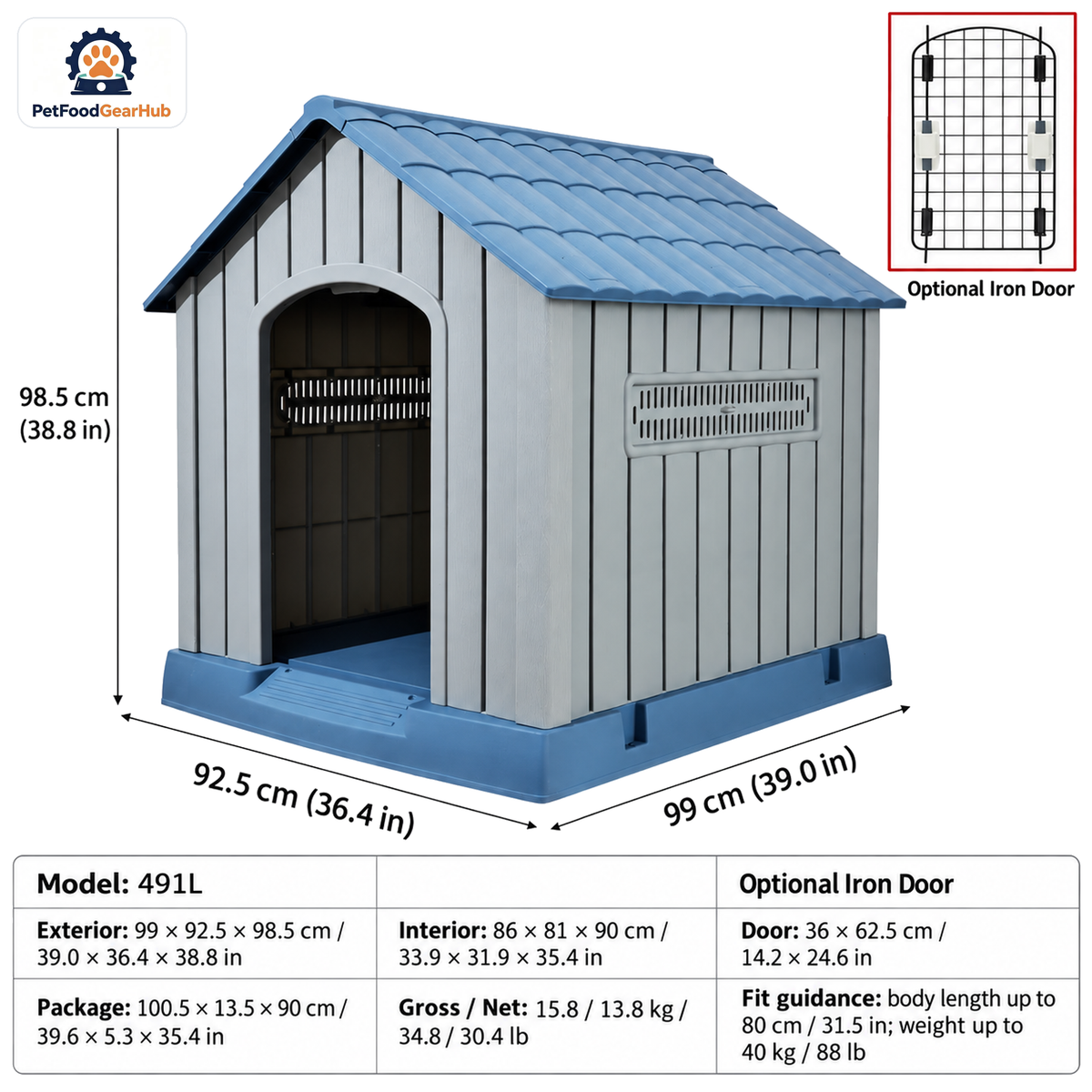 PetFoodGearHub Model 491L Outdoor Dog House, Gray with Blue Roof, Large, Iron Door — product image 1