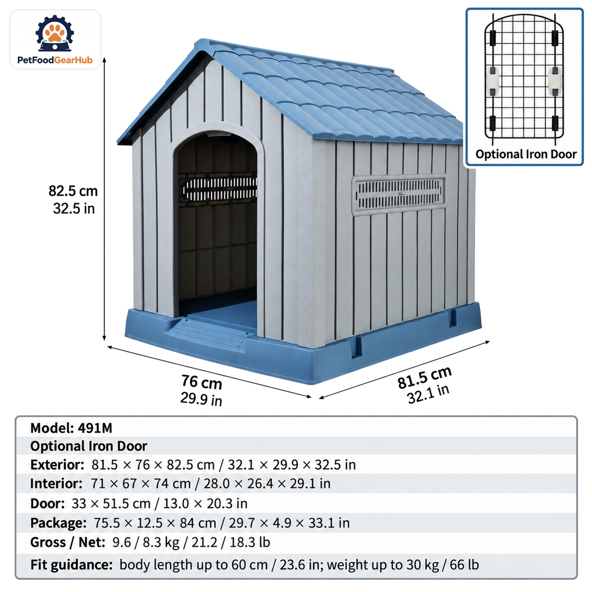 PetFoodGearHub Model 491M Outdoor Dog House, Gray with Blue Roof, Medium, Iron Door — product image 1