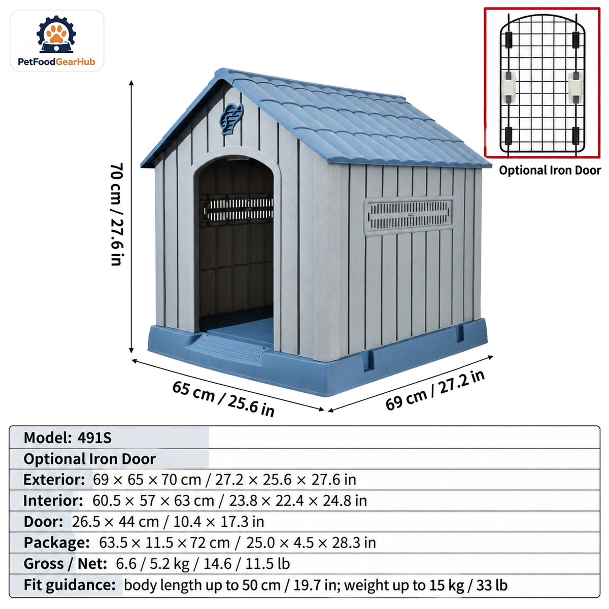 PetFoodGearHub Model 491S Outdoor Dog House, Gray with Blue Roof, Small, Iron Door — product image 1