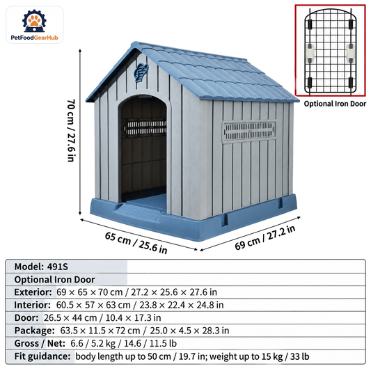 PetFoodGearHub Model 491S Outdoor Dog House, Gray with Blue Roof, Small, Iron Door — product image 1