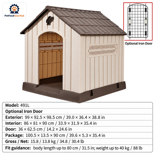 PetFoodGearHub Model 491L Outdoor Dog House, Beige with Brown Roof, Large, Iron Door — product image 1