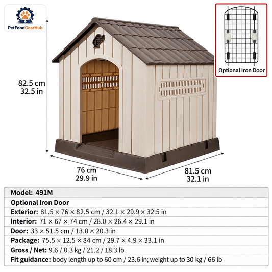PetFoodGearHub Model 491M Outdoor Dog House, Beige with Brown Roof, Medium, Iron Door — product image 1