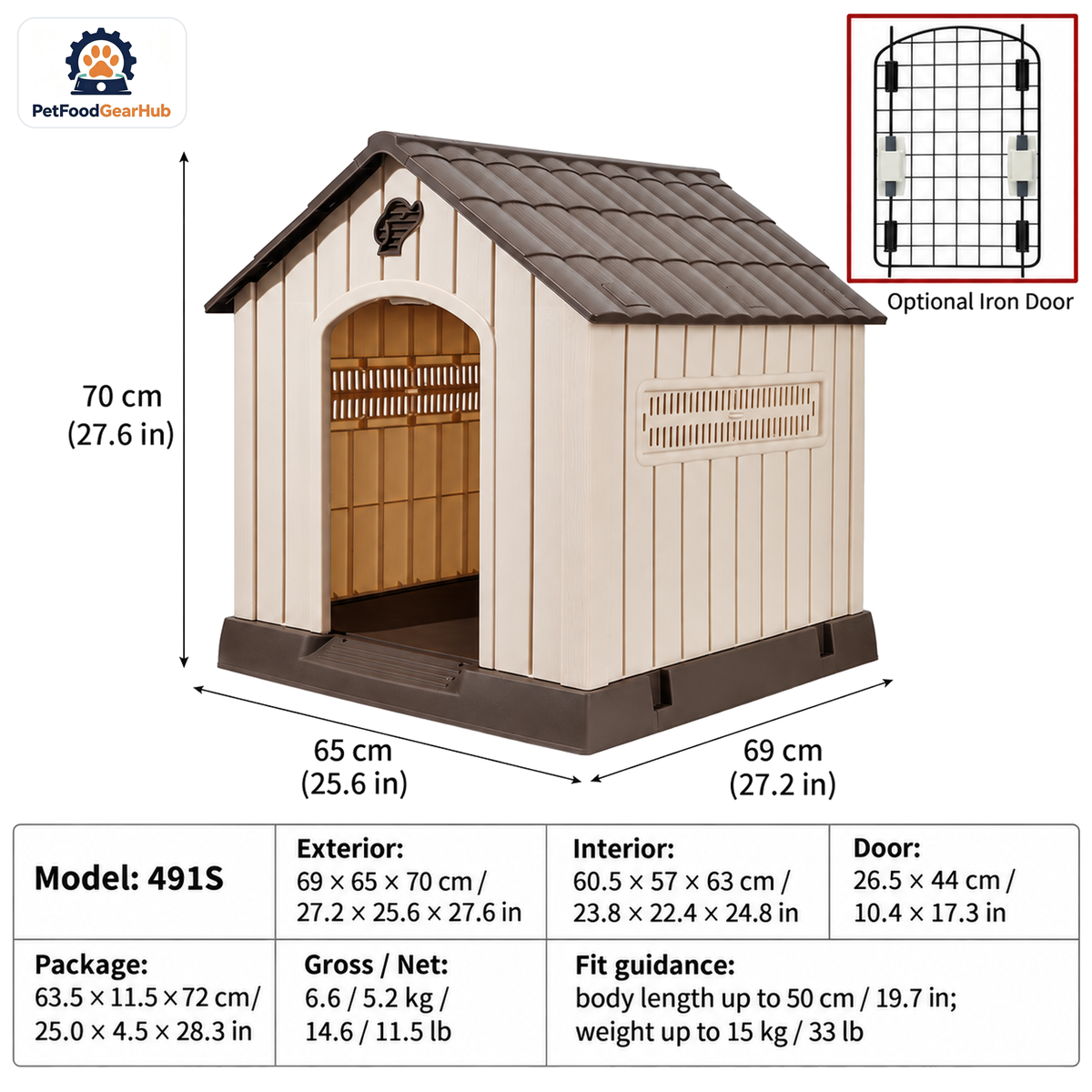 PetFoodGearHub Model 491S Outdoor Dog House, Beige with Brown Roof, Small, Iron Door — product image 1