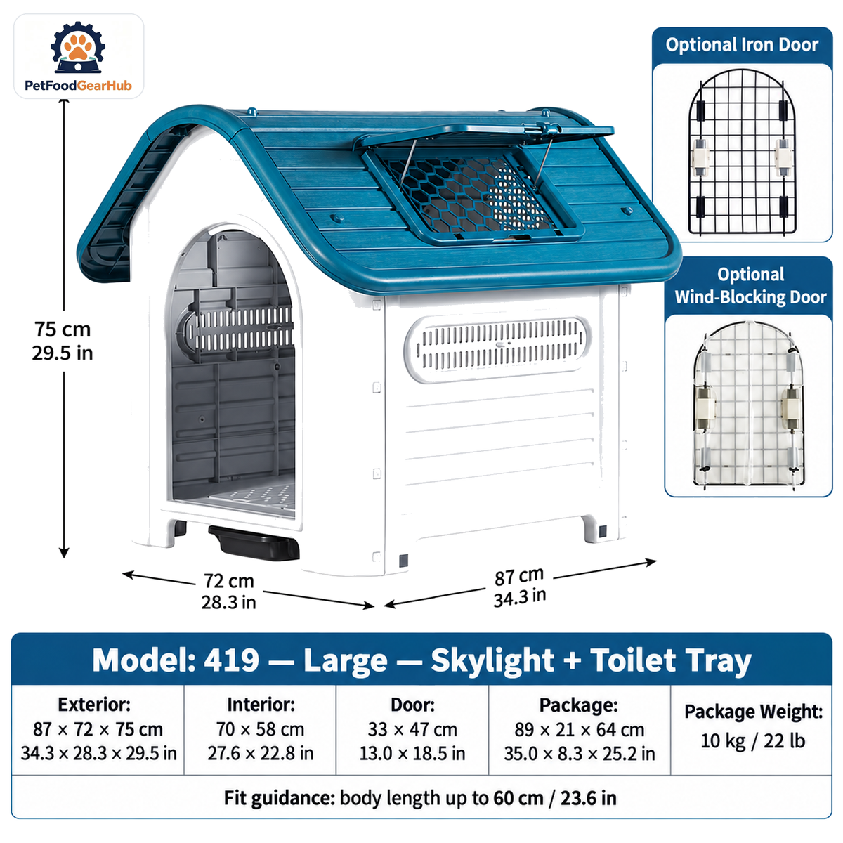 PetFoodGearHub Model 419 Outdoor Dog House, Large, Skylight + Toilet Tray — product image 1