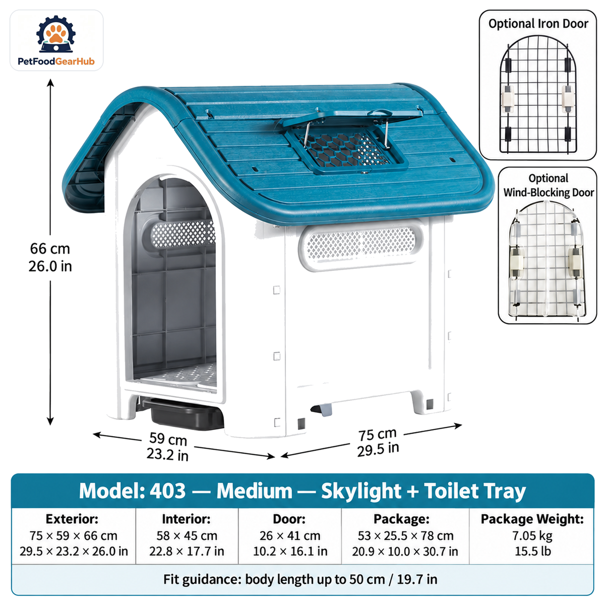 PetFoodGearHub Model 403 Outdoor Dog House, Medium, Skylight + Toilet Tray — product image 1