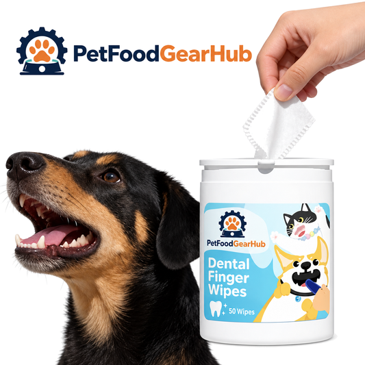 PetFoodGearHub dental finger wipes in a 50-wipe container