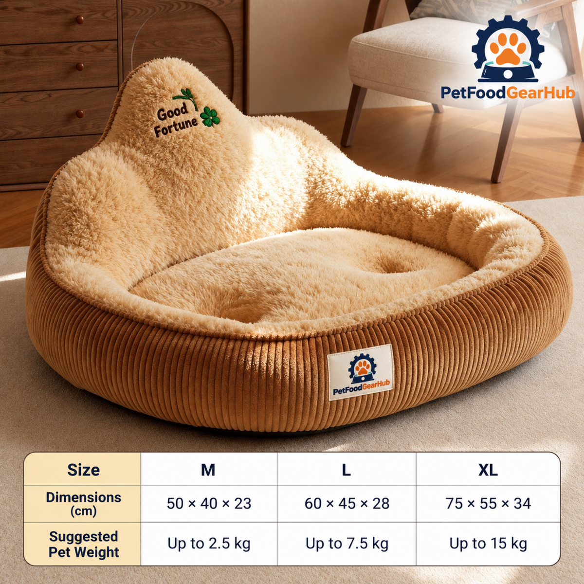 PetFoodGearHub Plush bolster pet bed size chart for M, L and XL